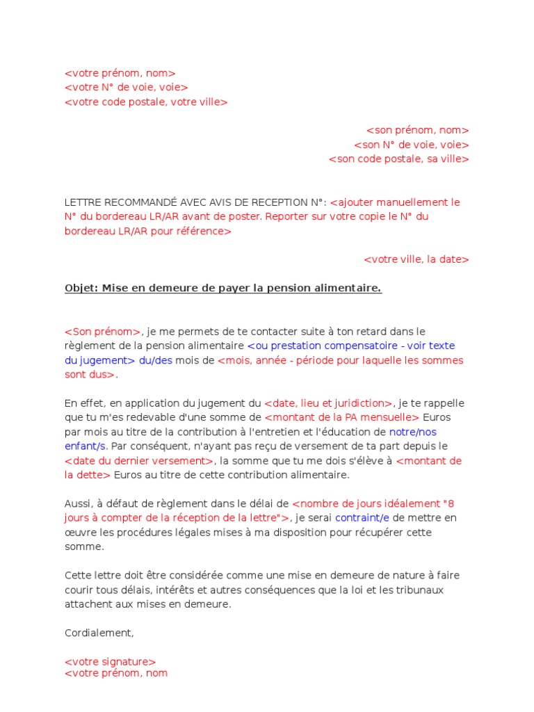 lettre de mise en demeure de payer