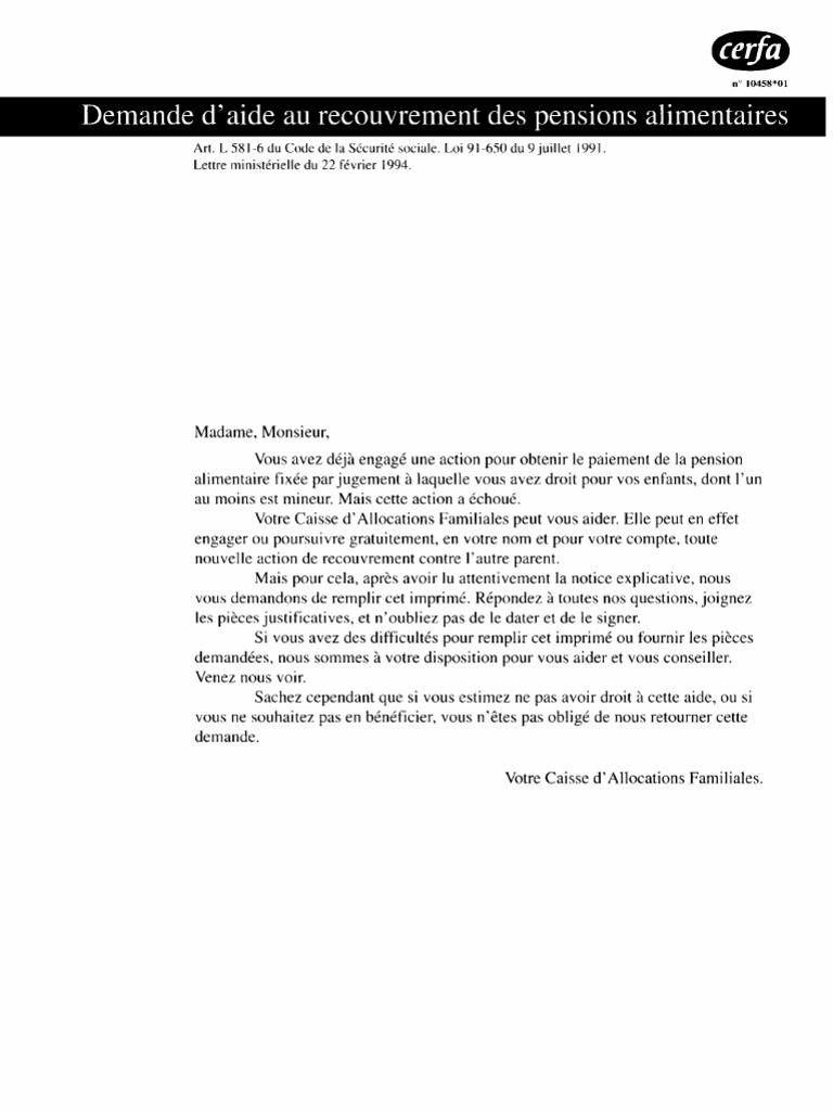 lettre de dispense de pension alimentaire