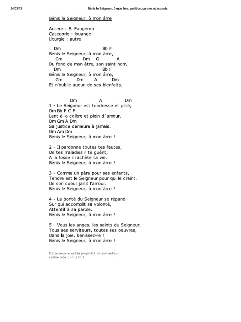 Partition Gratuite De Bénis Le Seigneur ô Mon âme