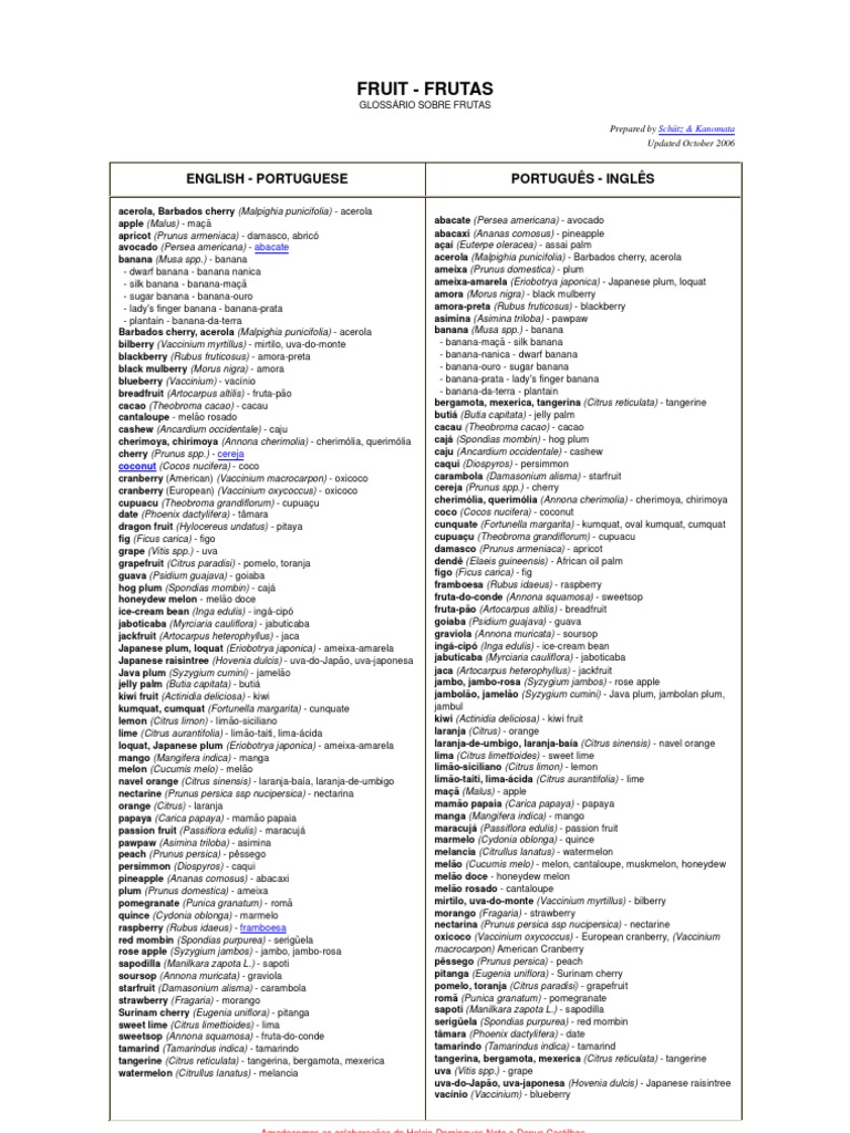 Fruit Frutas English Portuguese Português Inglês PDF Garden