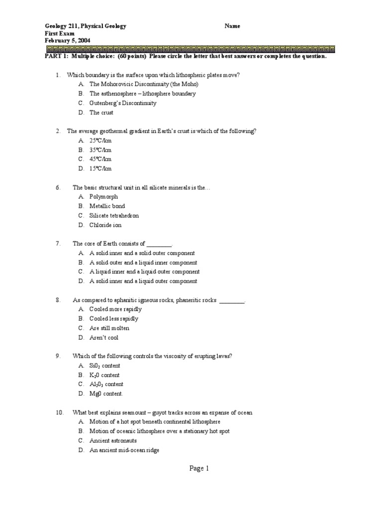 Geology 211 First Exam Questions | PDF | Plate Tectonics | Magma