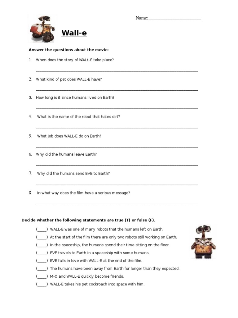 Wall E Movie  PDF With Dirt The Movie Worksheet