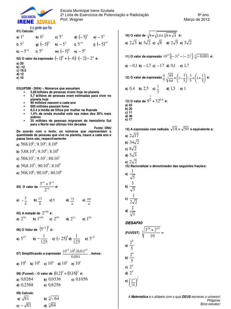 Lista de Exercícios - Potenciação e Radiciação | PDF | Ensino de ...