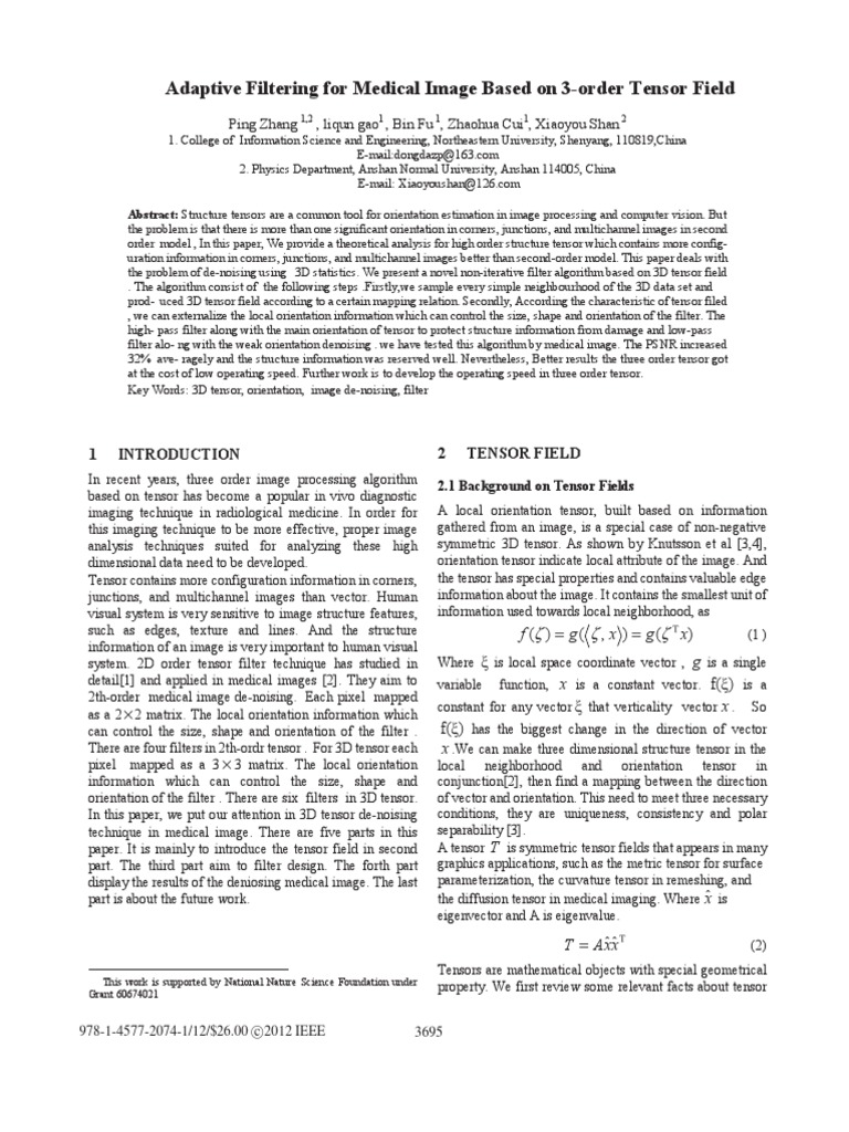 Adaptive Filtering For Medical Image Based On 3-Order Tensor Field ...