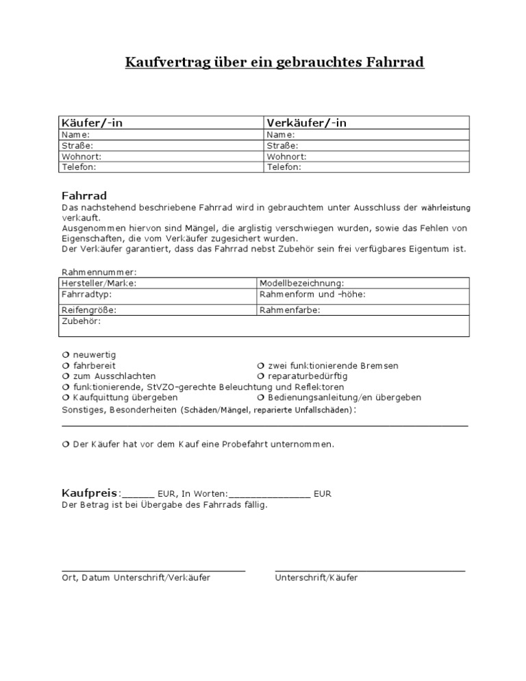 Kaufvertrag ber Ein Gebrauchtes Fahrrad | PDF