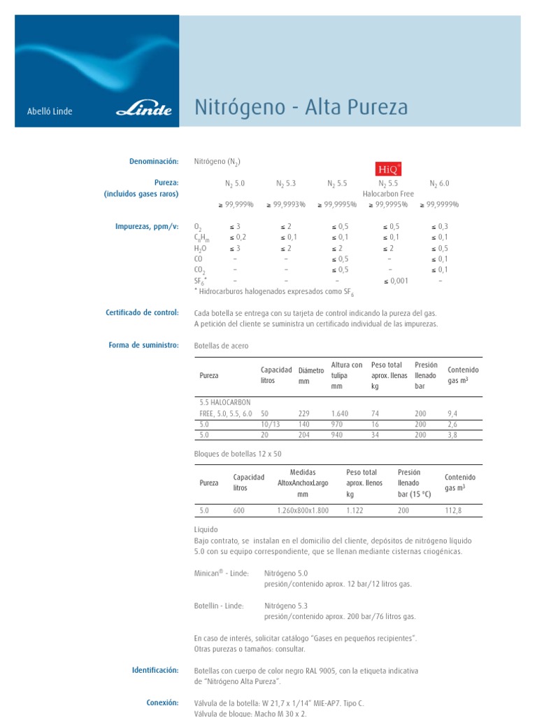 Ficha Tecnica Nitrogeno Alta Pureza | PDF | Gases | Calor