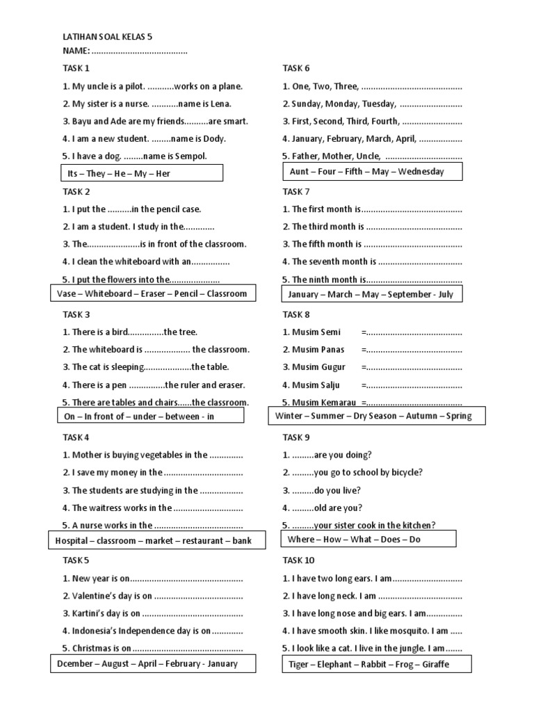 Latihan Soal Ulangan Umum Bahasa Inggris SD Kelas 5 Tahun