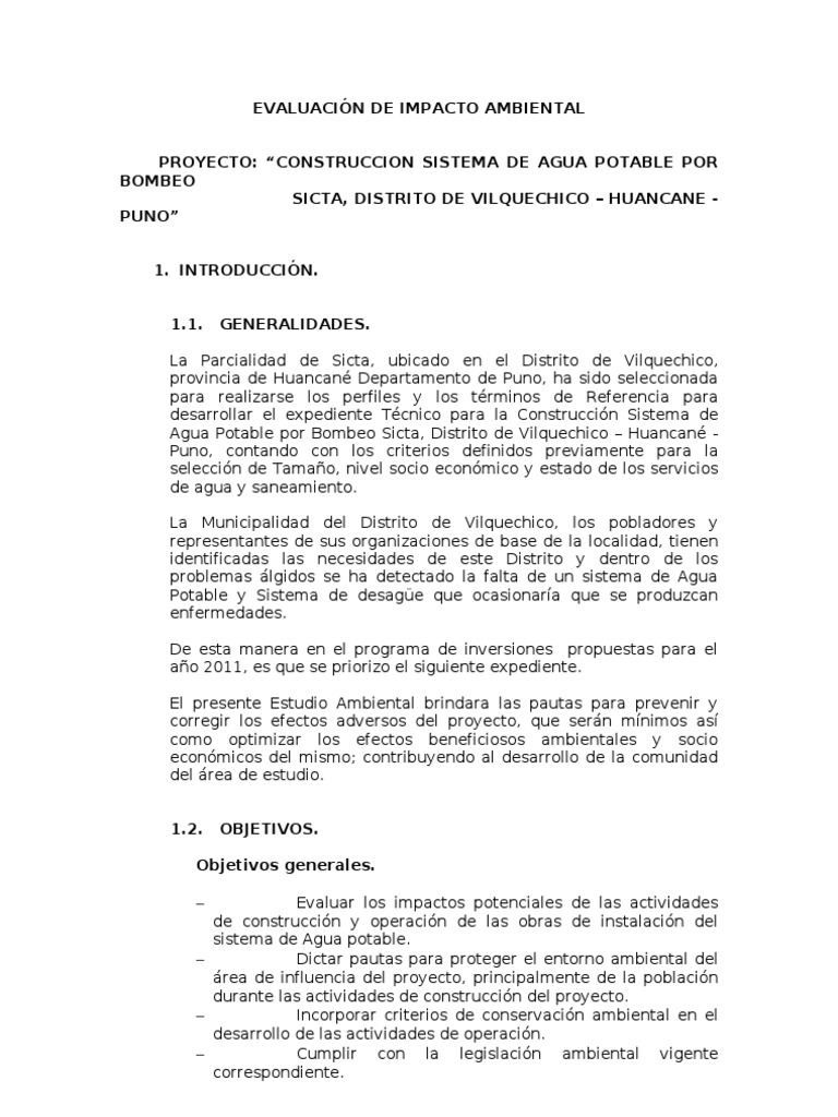 EIA para Sistema de Agua Potable en Sicta | PDF | Evaluación de impacto ...