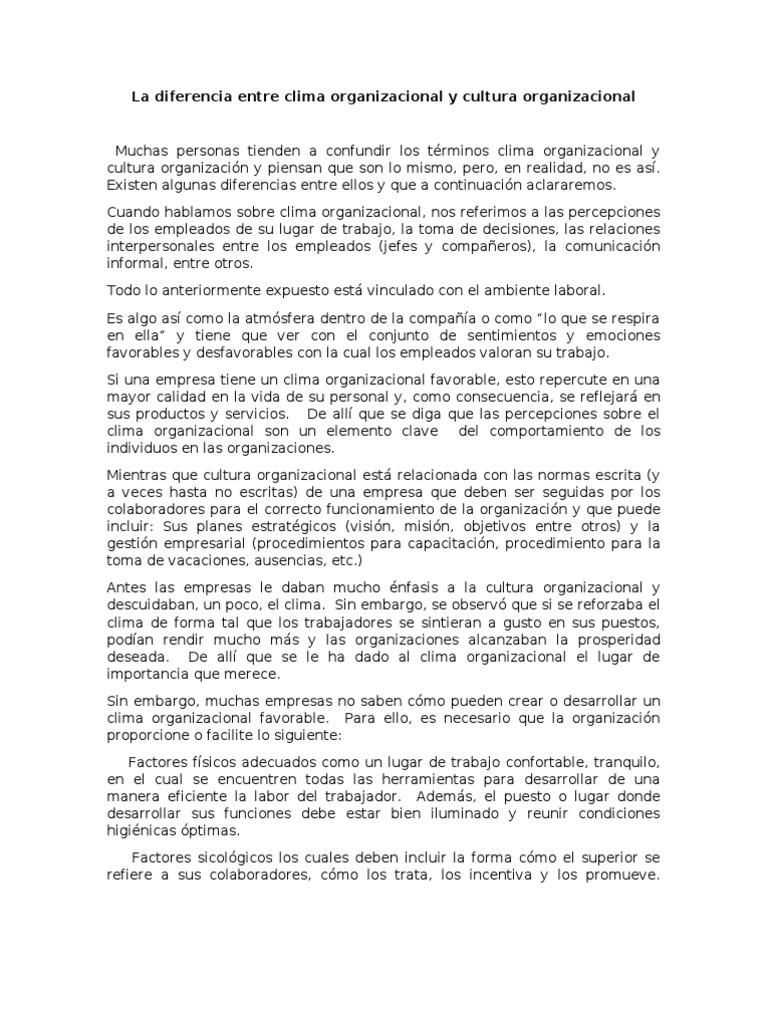 La Diferencia Entre Clima Organizacional y Cultura
