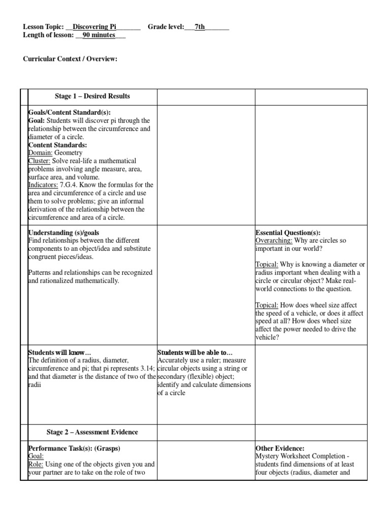 Workbooks worksheets on circumference and area of a circle : Ubd Lesson Plan Discovering Pi | Pi | Applied Psychology
