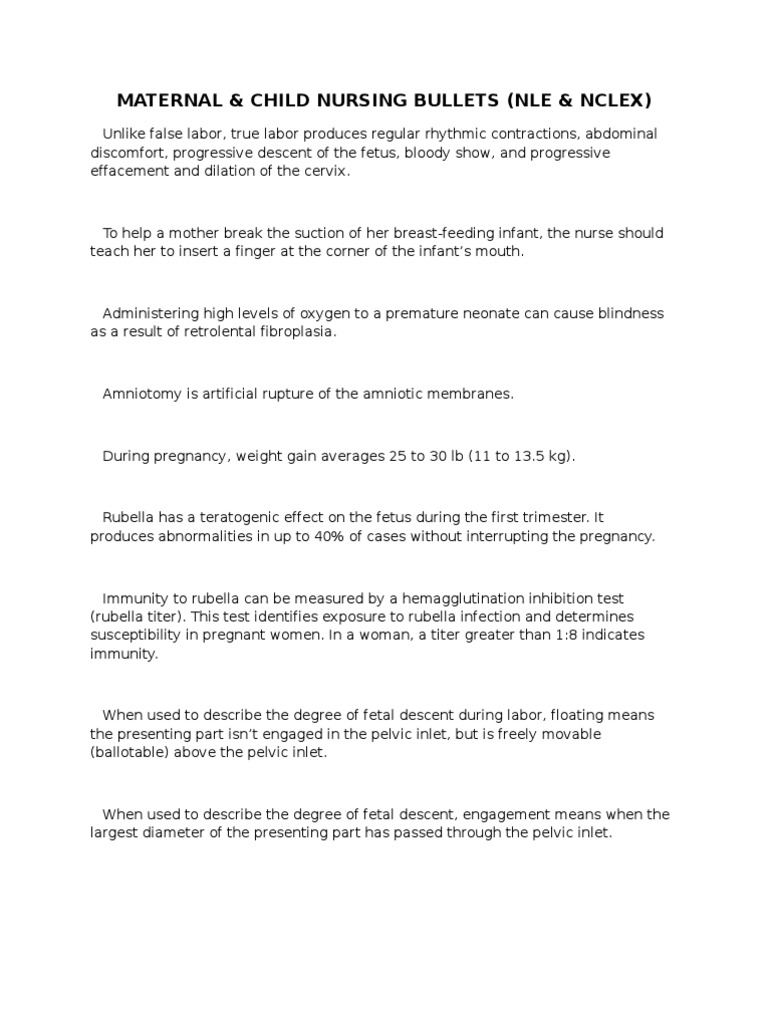 Maternal & Child Nursing Bullets (Nle & Nclex) PDF Childbirth Fetus