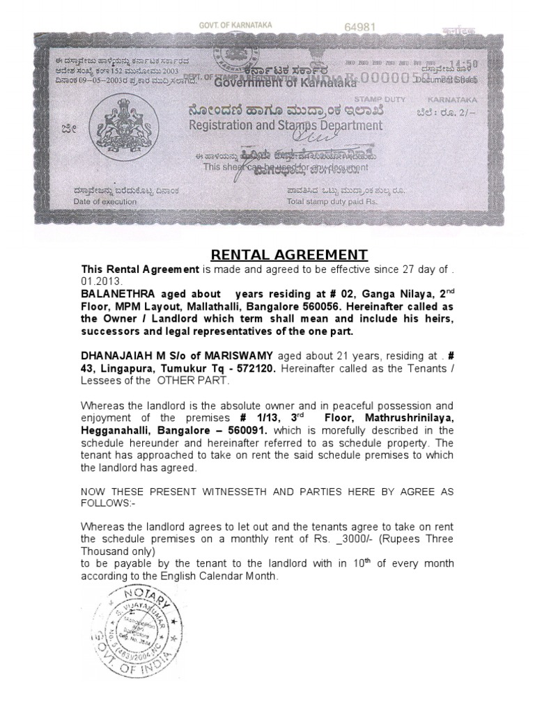 Bangalore Rental Agreement Sample | PDF | Finance & Money Management