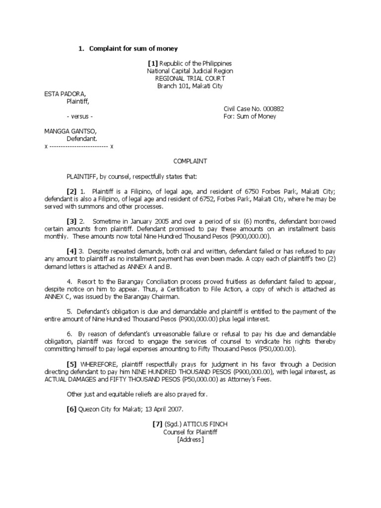 Complaint For Sum of Money | PDF | Finance & Money Management | Law