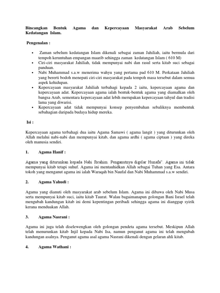 Bentuk Agama Dan Kepercayaan Masyarakat Arab Sebelum Kedatangan Pdf