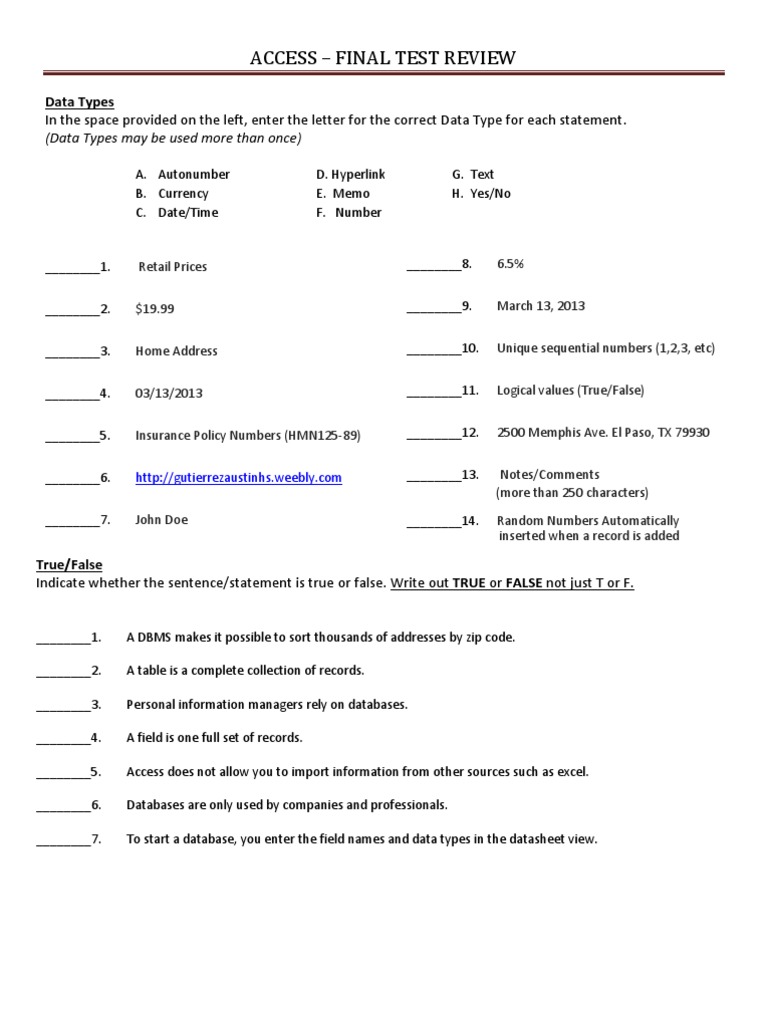 Access Review For Final | PDF | Data Type | Databases