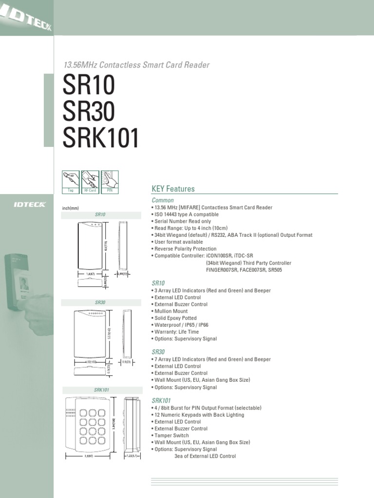 Sr10 Sr30 Srk101: 13.56Mhz Contactless Smart Card Reader | PDF