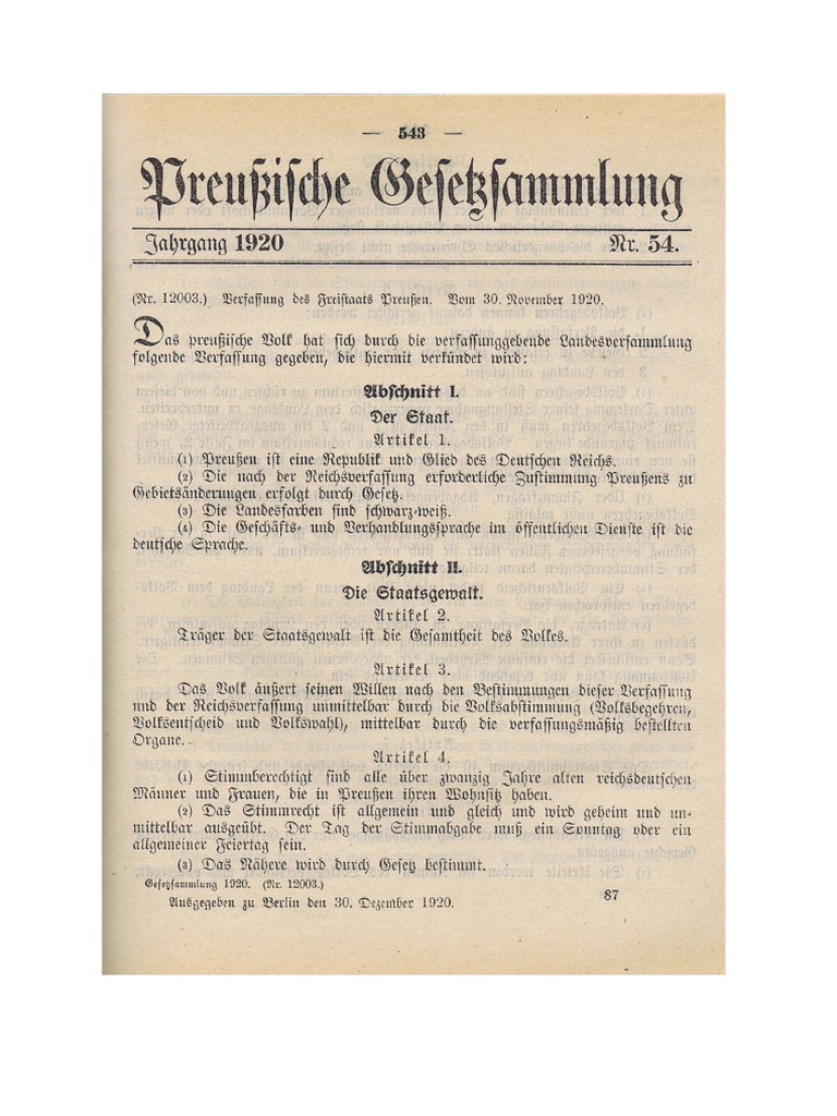 Verfassung Des Freistaats Preußen 1920