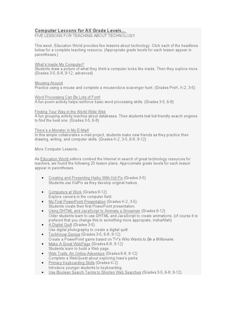 Computer Lessons For All Grade LevelsPrint Out PDF Dynamic Html