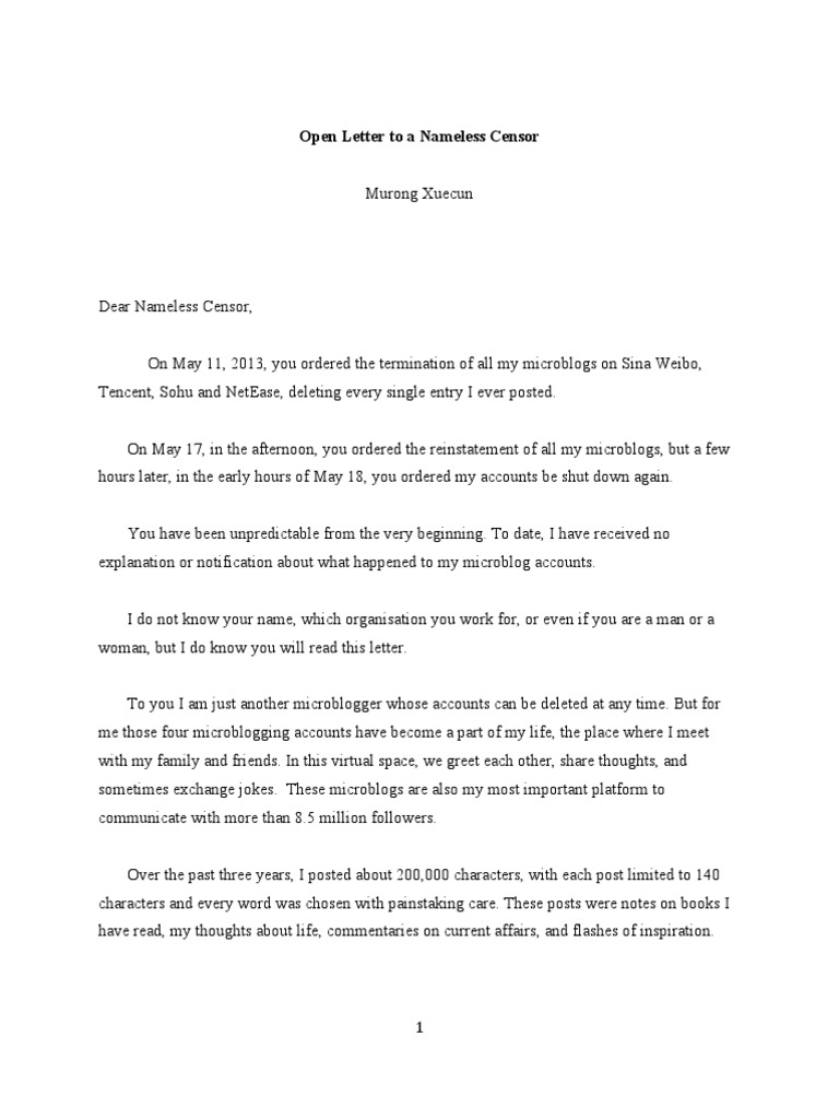 Open Letter to China's Censor | PDF | Censorship | Microblogging