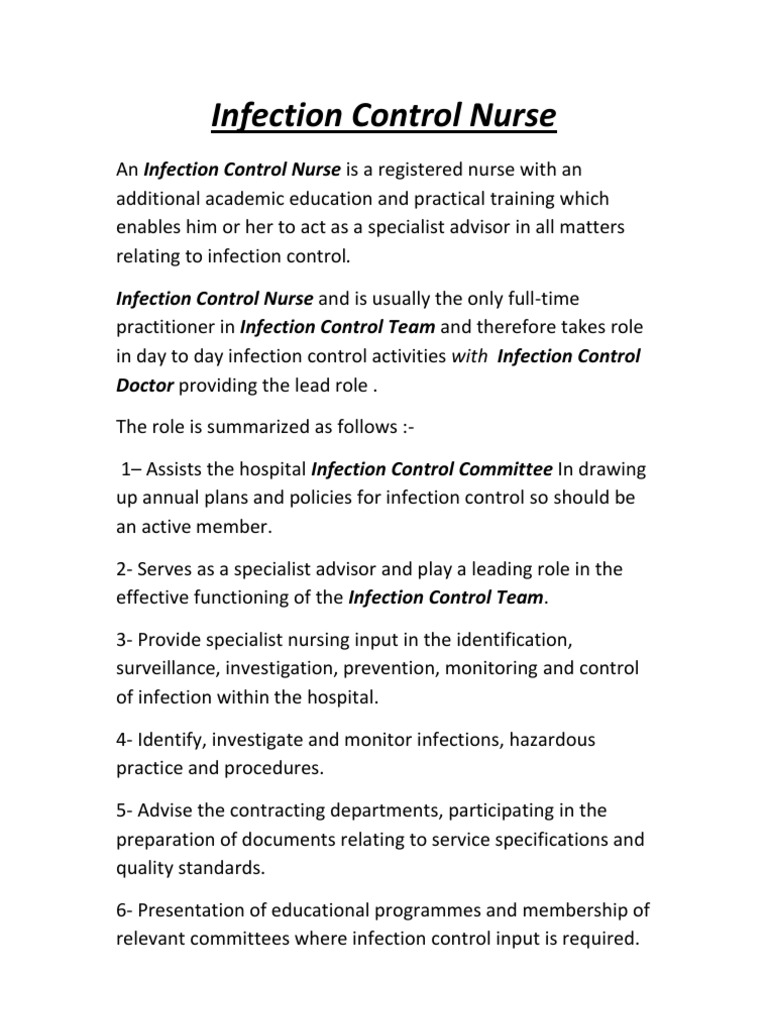 Role of Infection Control Nurse | PDF | Self-Improvement