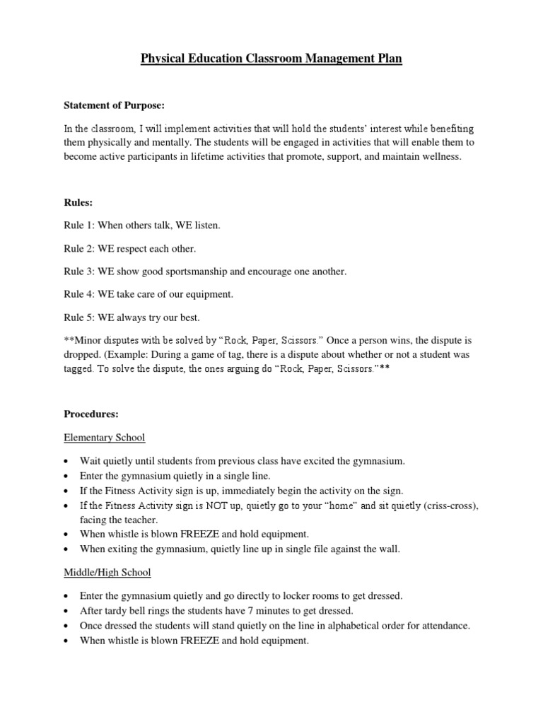 Physical Education Classroom Management Plan Statement Of Purpose 
