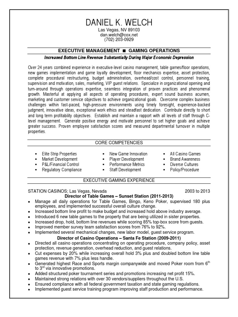 Operations Casino Table Games in Las Vegas NV Resume Daniel Welch PDF