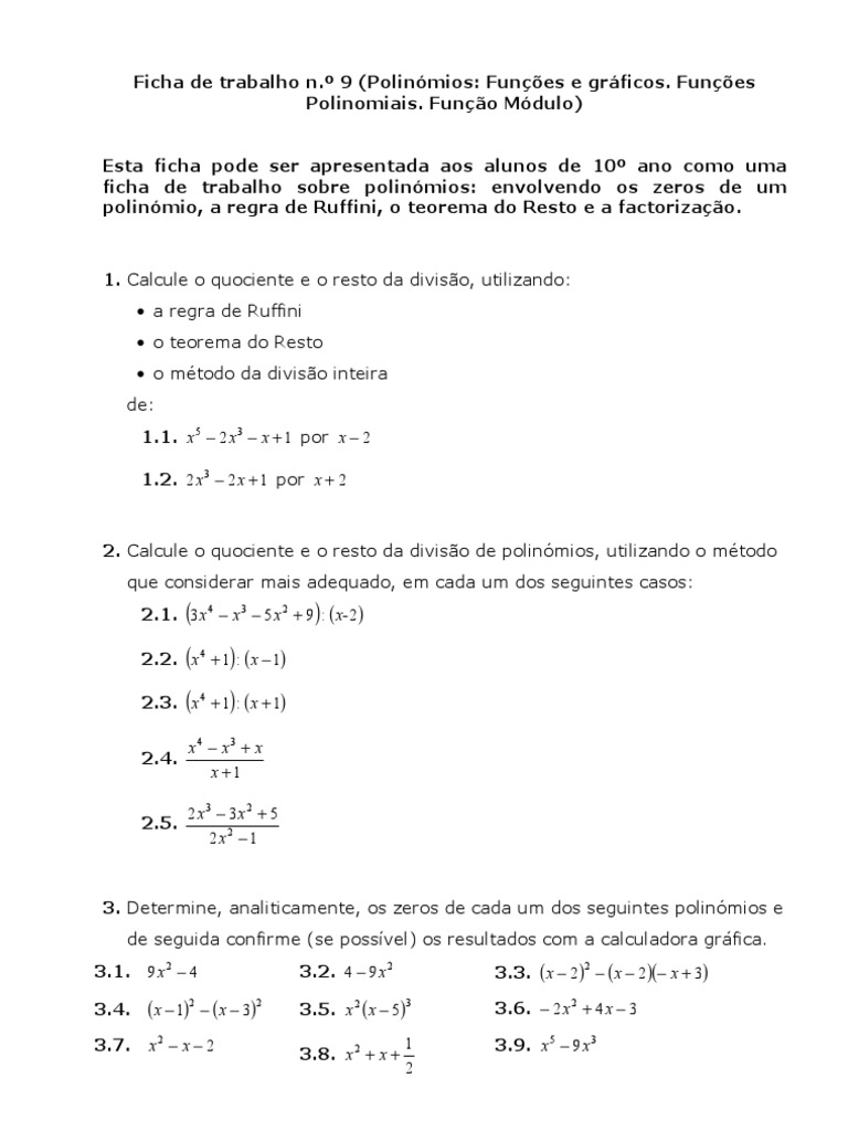 Polinômios: Teoremas e Exercícios | PDF | Equações | Funções e mapeamentos