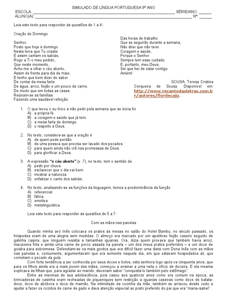 Texto Para Interpretação 9 Ano Com Respostas