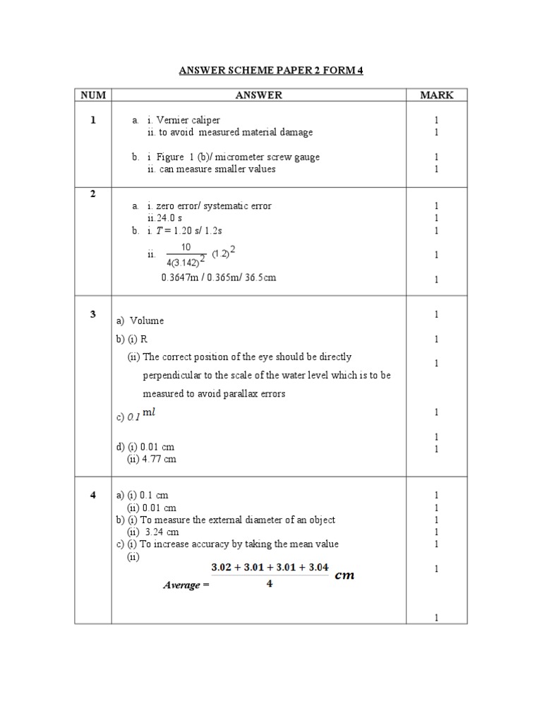 Answer Scheme Paper 2 Form 4 NUM Answer Mark 1: Average | PDF ...