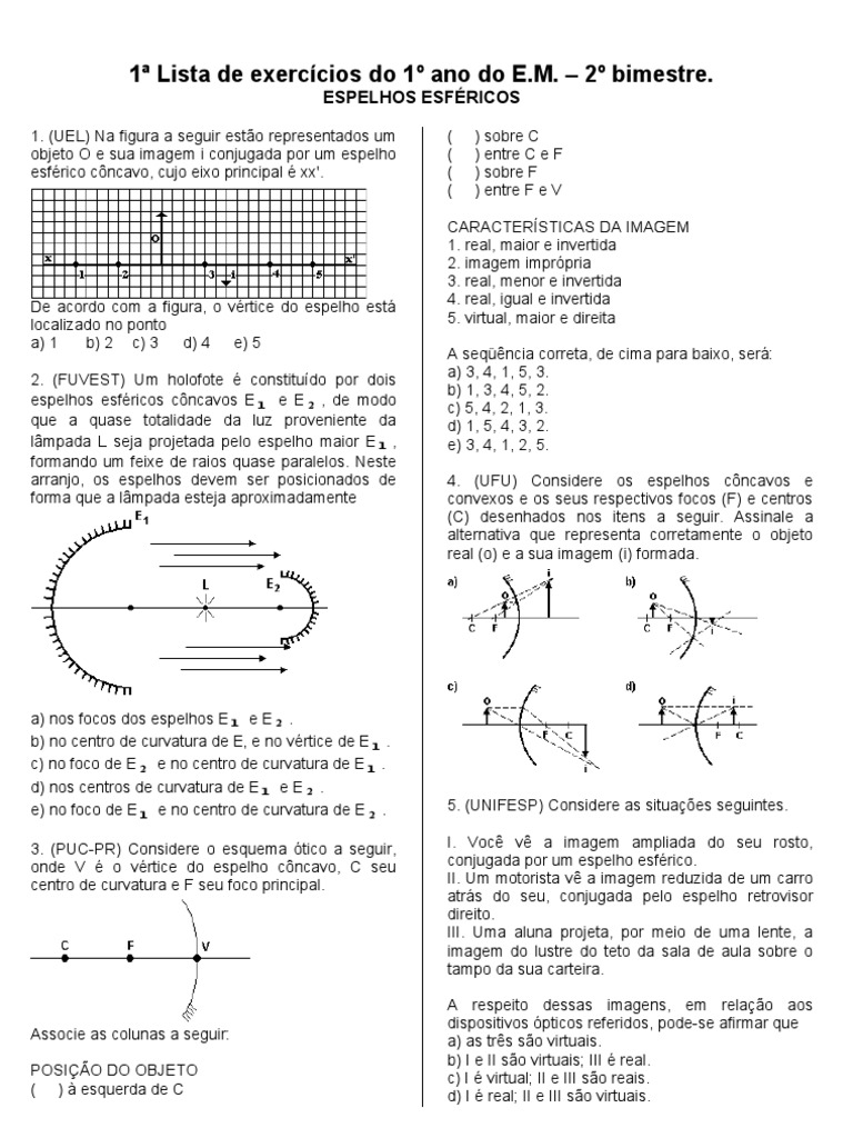 Exercícios sobre Espelhos Esféricos | PDF | Espelho | Lente (ótica)