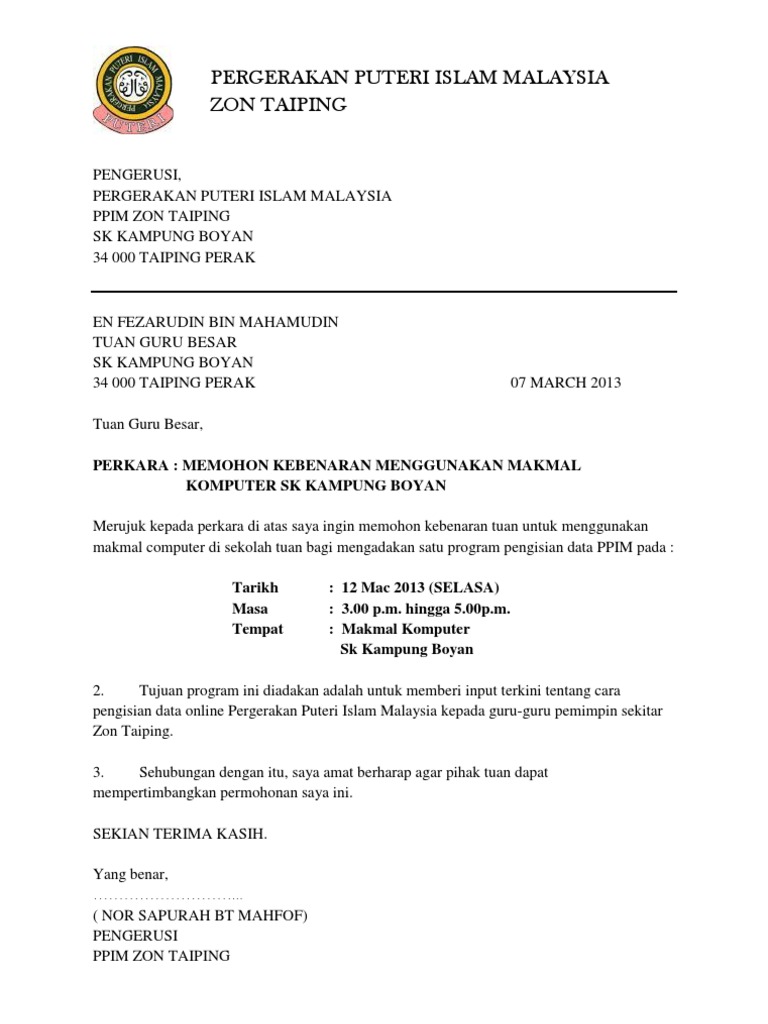 Contoh Surat Rasmi Memohon Kebenaran Keluar
