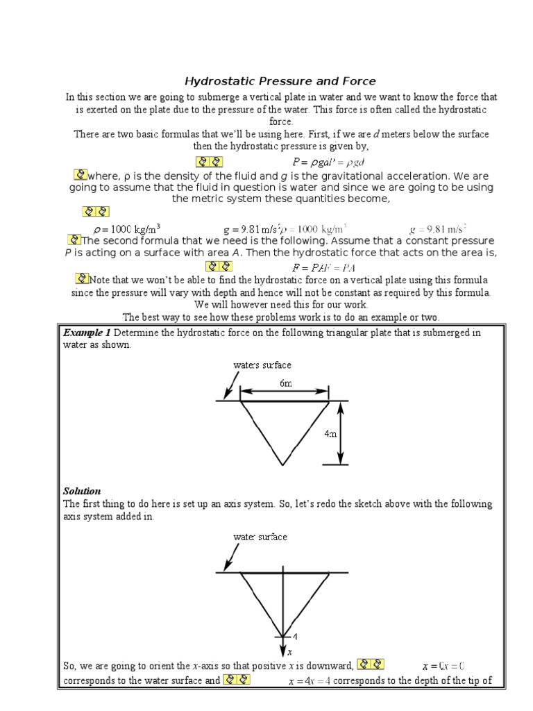 Hydrostatic Pressure And Force Pdf Pressure Force