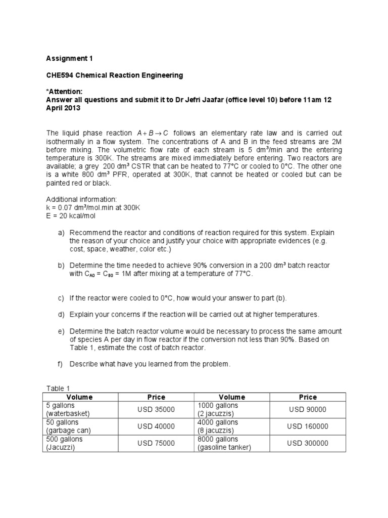 Chemical Reaction Engineering Assignment | PDF | Teaching Methods ...