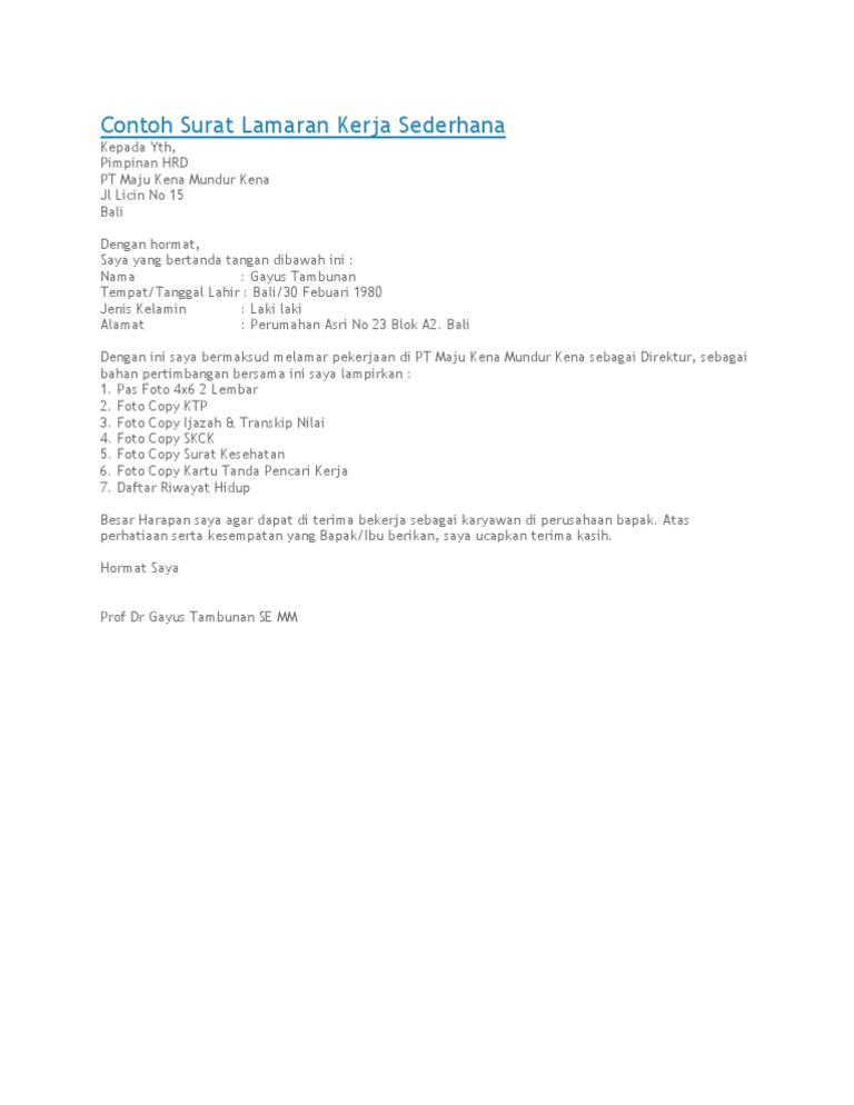 Surat Lamaran Sederhana