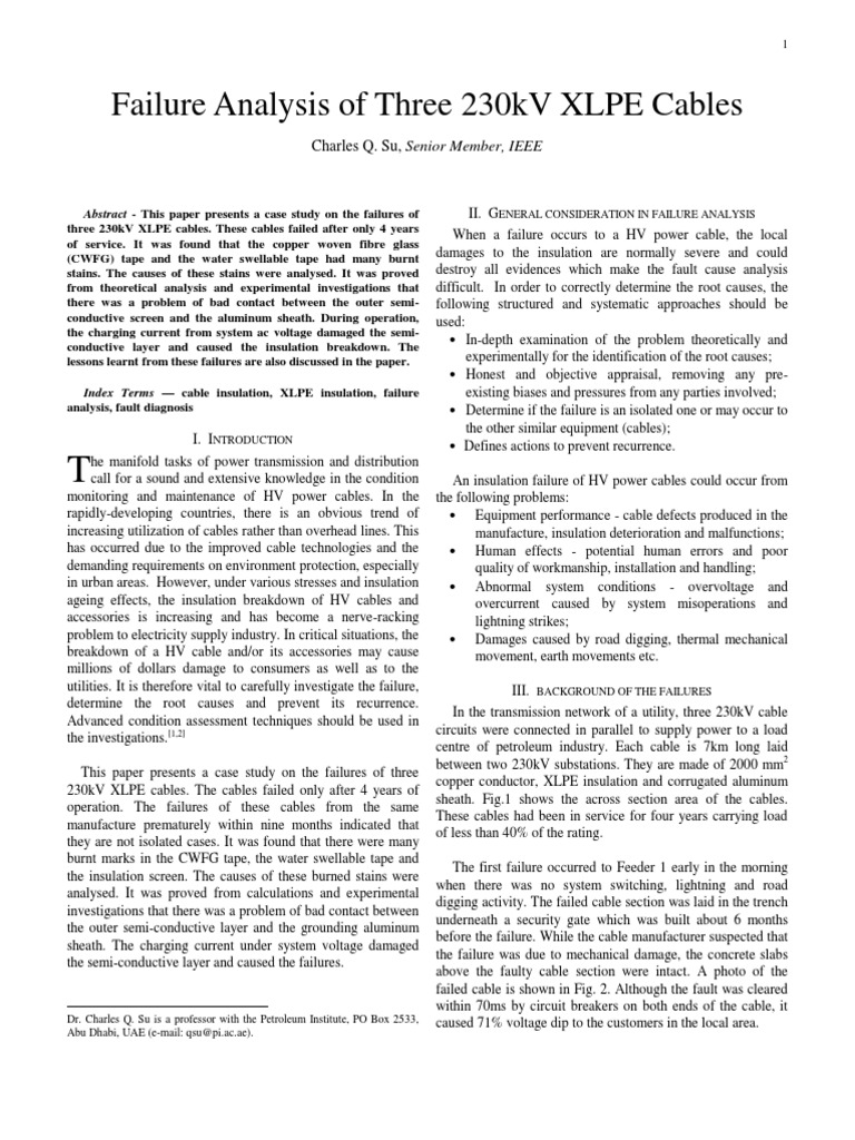 Failure Analysis of Three 230kV XLPE Cables PDF Cable Insulator