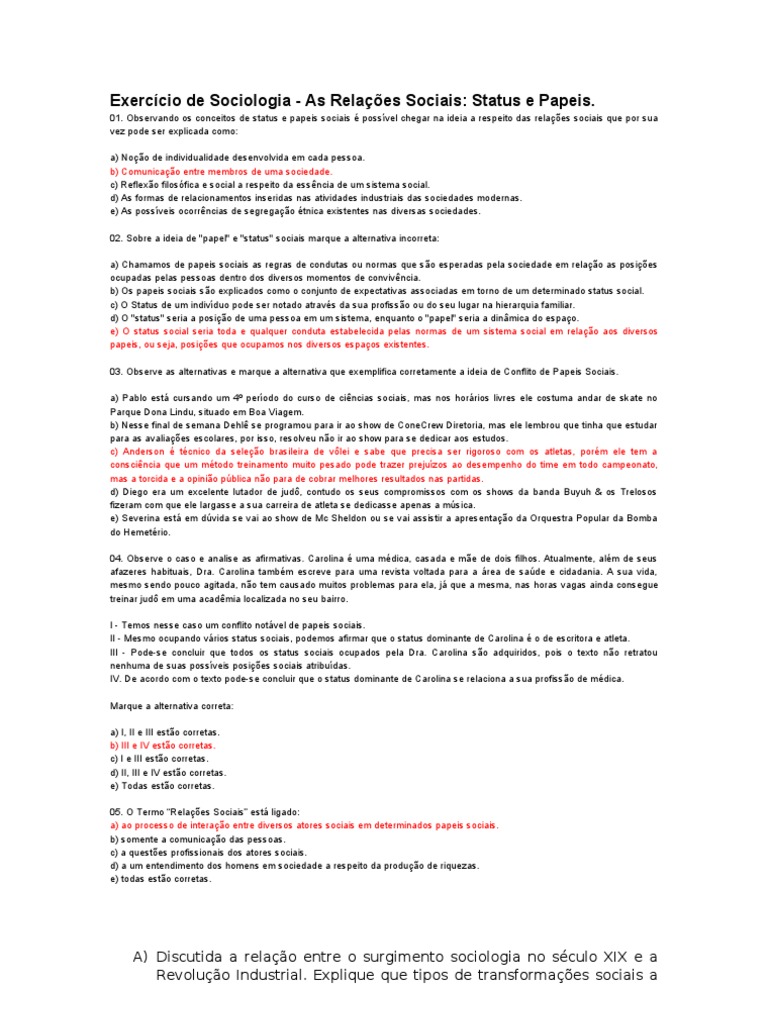 Exercício de Sociologia Papeis Sociais Gabarito