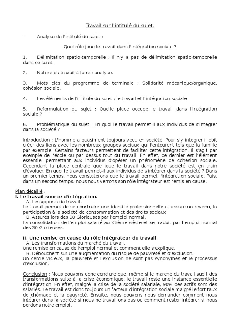 Le Travail Est-il Toujours Facteur D'intégration Sociale Dissertation
