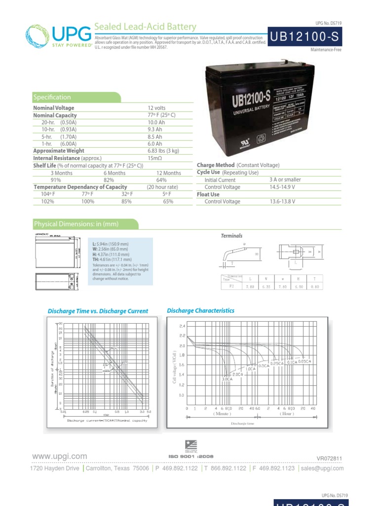 UPG UB12100-S Sealed Lead-Acid Specs | PDF