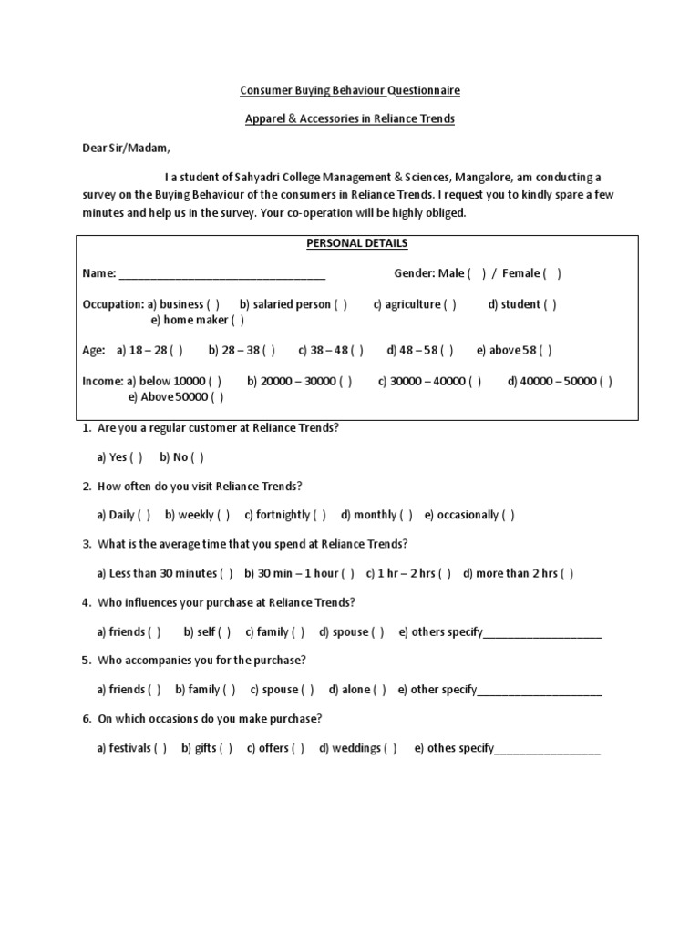 Consumer Buying Behaviour Questionnaire Behavior Marketing