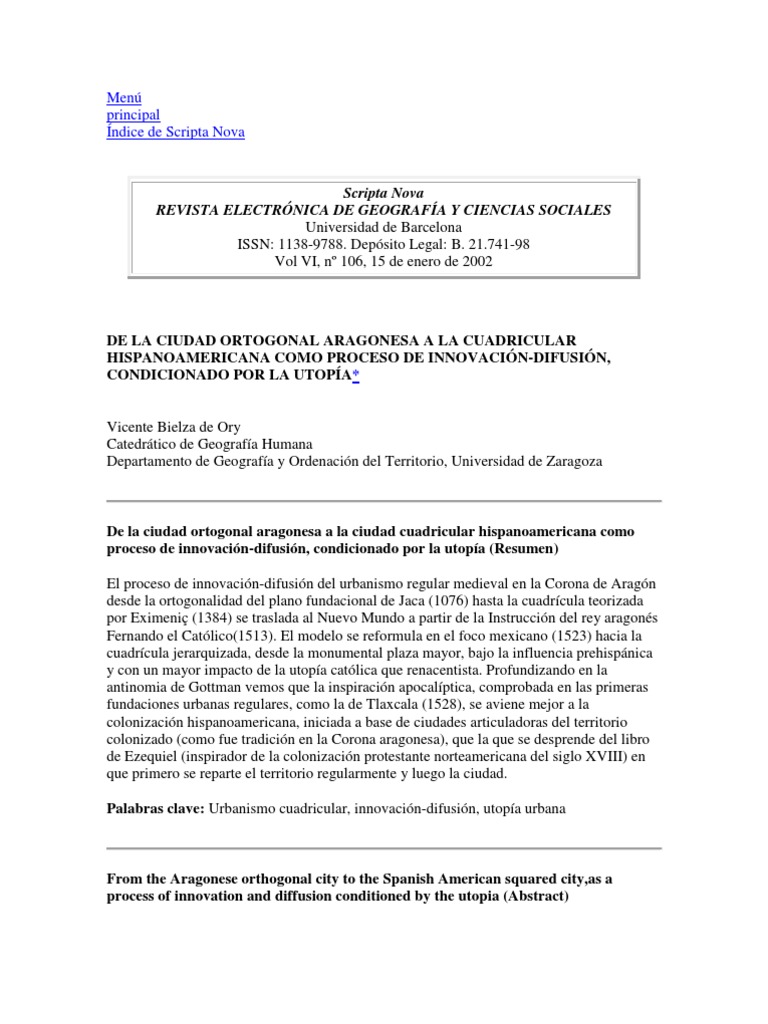 De La Ciudad Ortogonal Aragonesa A La Cuadricular Hispanoamericana Como Proceso De Innovacion Difusion Condicionado Por La Utopia Baja Edad Media Geografia
