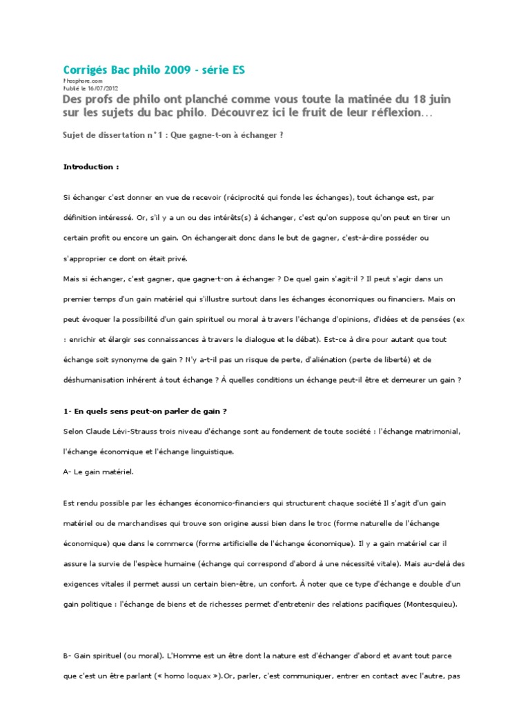 Sujet Bac Philo 2009 Serie S