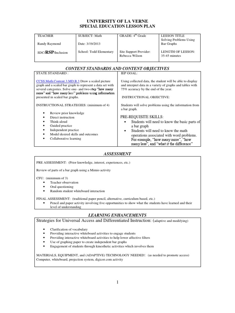Bar Graph Problem Solving Lesson Plan | PDF | Educational Assessment ...