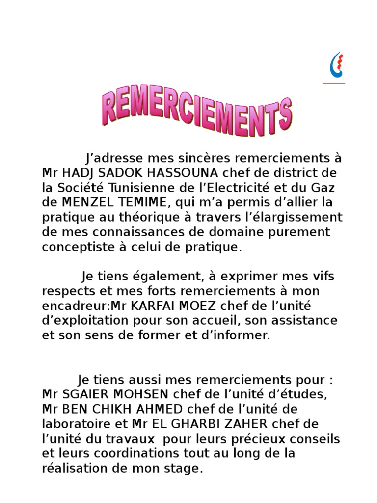 Rapport De Stage Remerciement