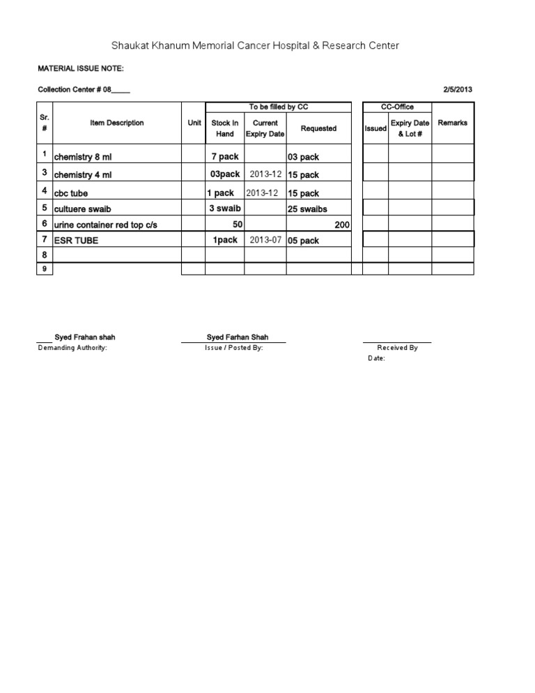 Material Issue Note For CCs | PDF | Technology & Engineering