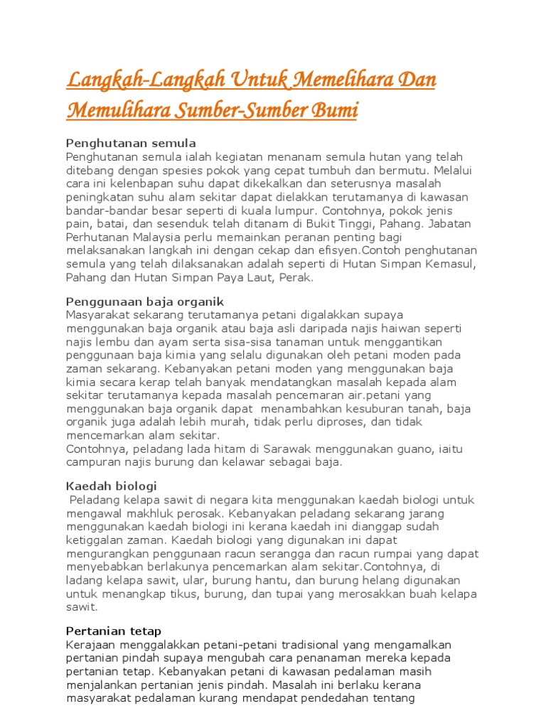 Langkah Langkah Untuk Memelihara Dan Memulihara Sumber Sumber Bumi Pdf