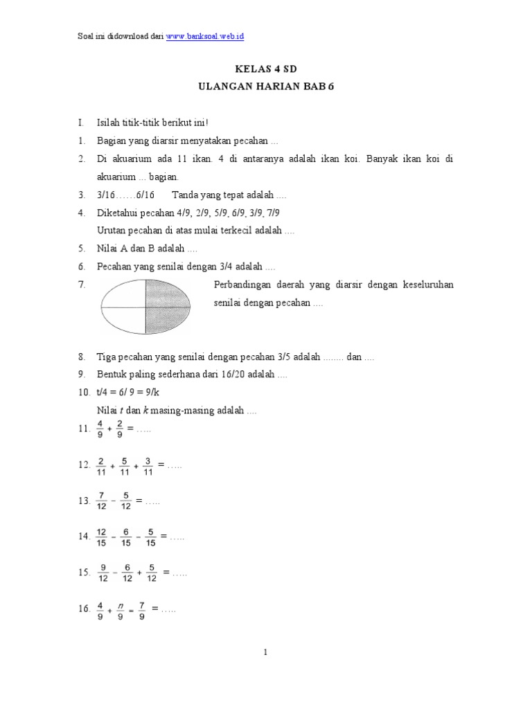 Soal Kelas 4 SD Ulangan Harian Bab 6 Matematika