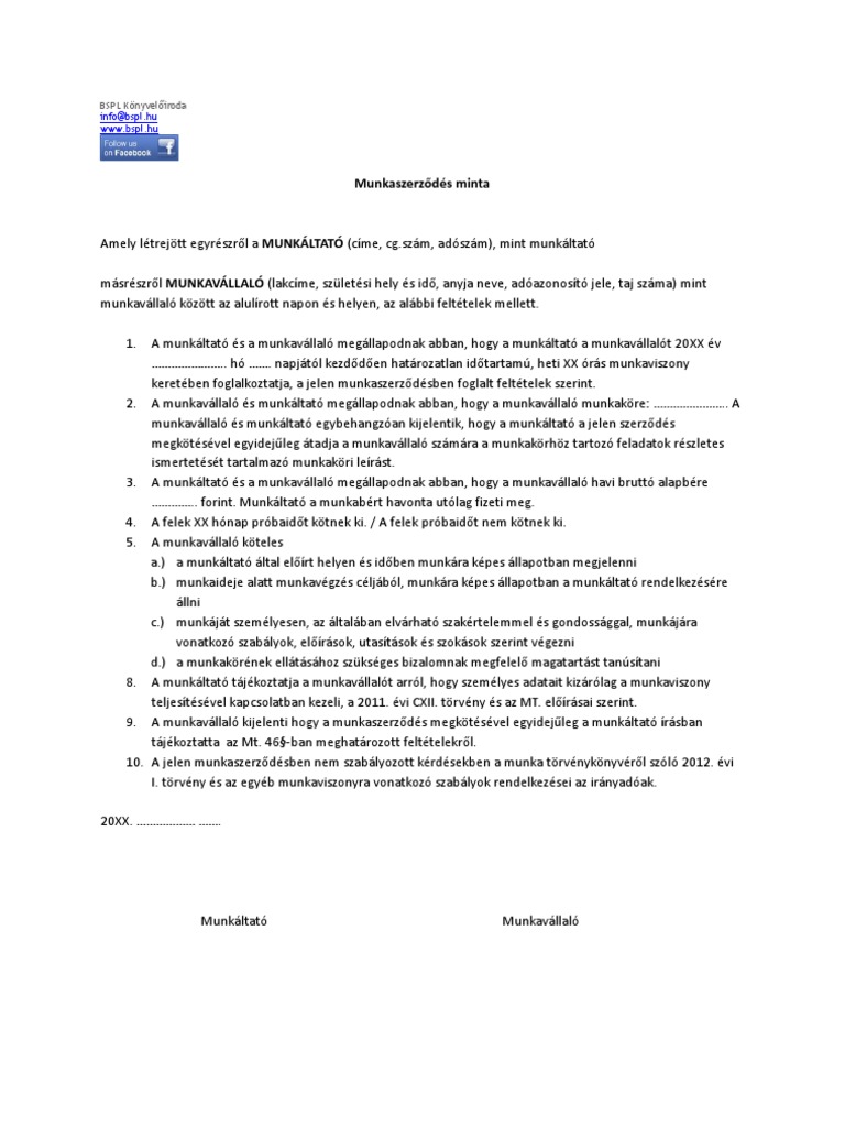 Munkaszerződés Minta | PDF