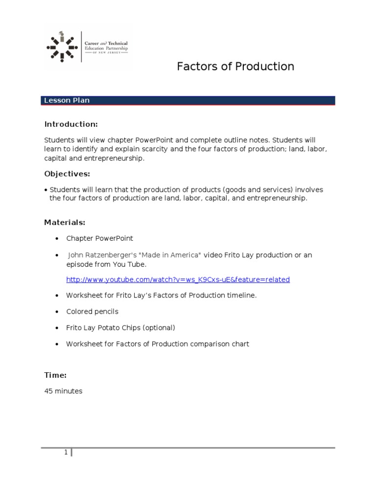 Unit 2 Lesson 3 Factors Of Production Frito Lay Factors Of Production Capital Economics