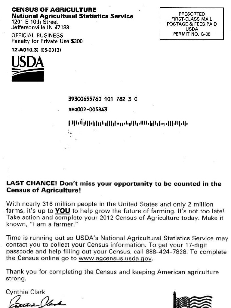 Census of Agriculture (Reminder Card) National Agricultural Statistics ...