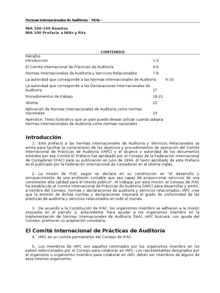 Normas Internacionales de Auditoría: NIA 100-199 | PDF | Auditoría ...